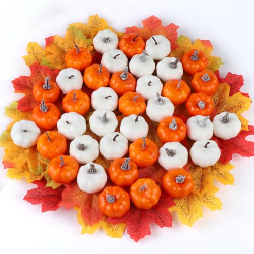 Mini Foam Pumpkins and Maple Leaves Fall Decor Set - White, Orange, Yellow, Speckled