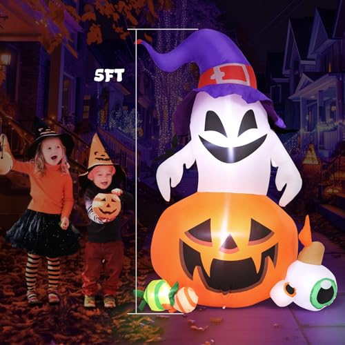5FT Outdoor Inflatable Pumpkin Ghost Halloween Decoration with LEDs