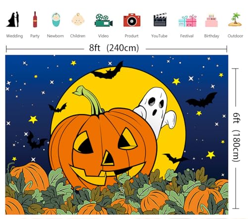 Halloween Pumpkin Field Photography Backdrop 8x6FT - Starry Sky Night Moon Ghost Scene - Baby Shower & Party Decorations - Variation of 96x72 Inches