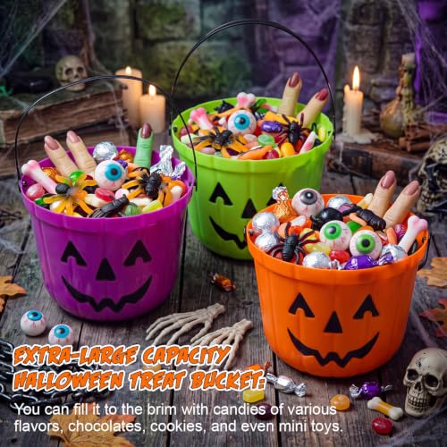 Halloween Pumpkin Candy Buckets Set - 30 Durable Plastic Pails in Purple, Orange & Green