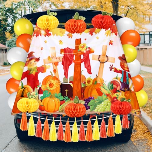 Fall Car Decorations Set with Religious Pumpkin & Scarecrow - Trunk or Treat