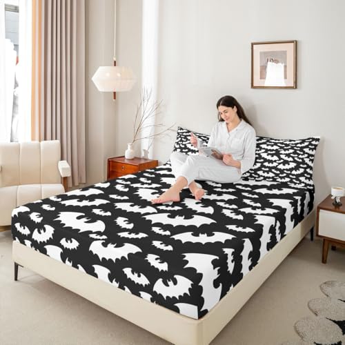 Halloween Bat Bedding Set Full Size - Glitter Stars Galaxy Kids Bed Sheets with Variation Multi 45