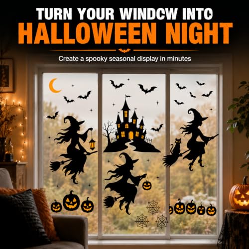 Halloween Window Clings - Extra Large Witch Castle Bat Decorations - Variation of Witch Castle Bat