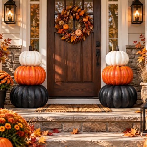 Large Faux Pumpkins Stack 23 Inch Fall Halloween Porch Decor - 3-Tier Pumpkin Arrangement