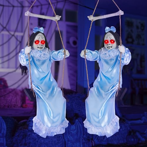 3ft Hanging Ghost Decorations for Halloween Outdoor Indoor Creepy Twins with LED Red Eyes