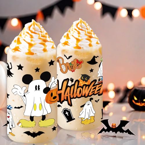 White Halloween Mouse Pumpkin Glass Cups with Lids & Straws - 16oz Set