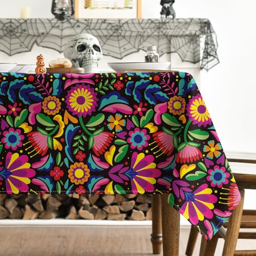 60x84 Inch Rectangular Dia De Los Muertos Tablecloth - Black