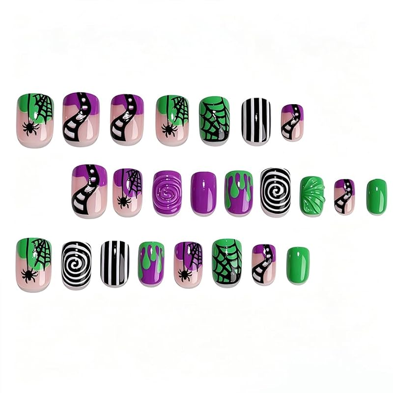 Halloween Press On Nails Set - Style 925 Short Square Purple Green Spider Web & Drip Designs, 24 Pcs