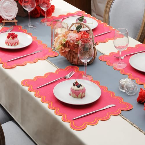 Pink & Orange Scalloped Placemats Set of 6 - Rectangular Dining Table Decor