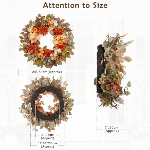 Orange Fall Wreath with Pumpkins Dahlias Berries & Eucalyptus Leaves - 24 Inch Autumn Decor
