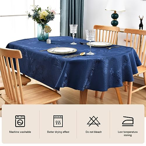 Large Navy Blue Oval Jacquard Tablecloth 60x120 Inches - Shiny Polyester