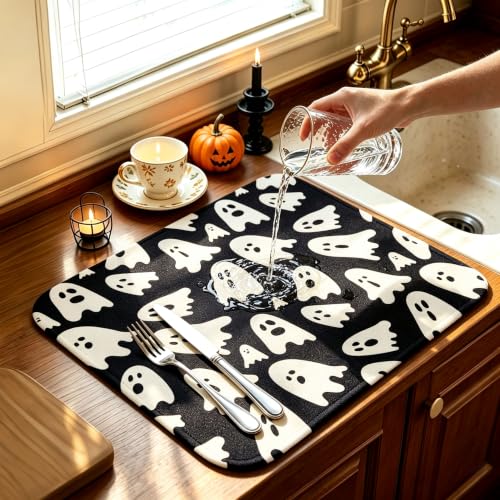 Halloween Ghost Dish Drying Mat - 16x18 Inch Absorbent Kitchen Counter Protector