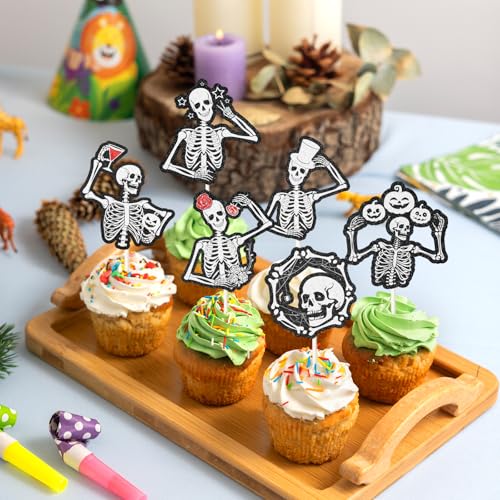 Black Skull Cupcake Toppers - 18 Pieces Gothic Skeleton Picks for Halloween & Wedding Decor - Variation: Black Skull