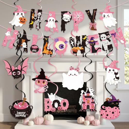 Pink Halloween Ghost Decorations Set – Hanging Swirls & Banners for Girls Parties