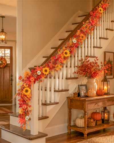 Fall Orange Lighted Garland with Leaves Pumpkins Sunflowers for Mantel - 6 FT