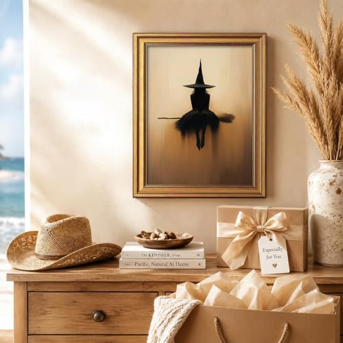 Vintage Halloween Wall Art Witch on Broomstick Gold Frame 8x10
