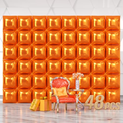 Orange Square Foil Balloons Wall Backdrop - 48PCS, 19x19 Inches, Reusable Party Decor (Variation C01)