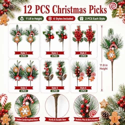 Attractive Gingerbread Christmas Tree Picks - 12 Inch Holiday Decor - Set of 12