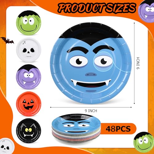 48 Pcs Halloween Paper Plates Set - Disposable Party Dinnerware with Pumpkin, Ghost, Skeleton, Bat & Cat Designs - 9 Inch