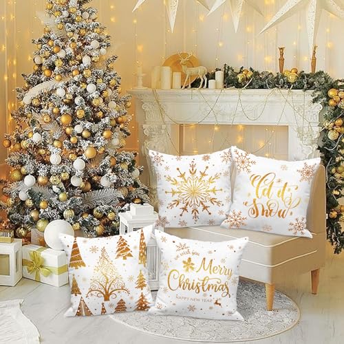 Gold and White Bronzing Christmas Throw Pillow Covers Set of 4 22x22 Inches - Holiday Cushion Cases for Home Decor
