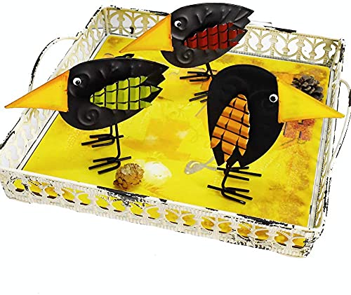 Fall Decor Metal Crow Figurines Set of 3 - Halloween Thanksgiving Autumn Table Decorations