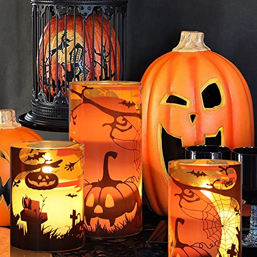 Halloween Candles with Pumpkins - Orange Flameless Glass Candles with Remote Timer - 3 Pack Indoor Decorations