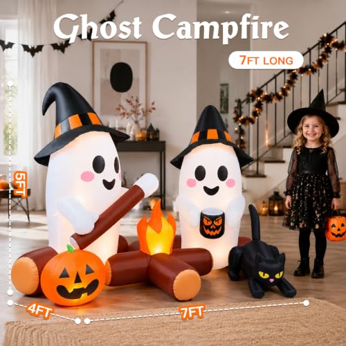 Halloween Inflatable Yard Decor with Ghost, Campfire & Lights - 7ft Outdoor Halloween Decorations