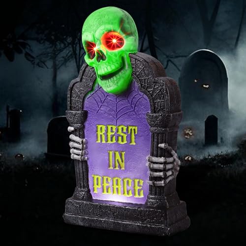 Halloween Graveyard Tombstone Decoration with Glowing Skeleton, 16.5 Inch Outdoor LED Yard Prop
