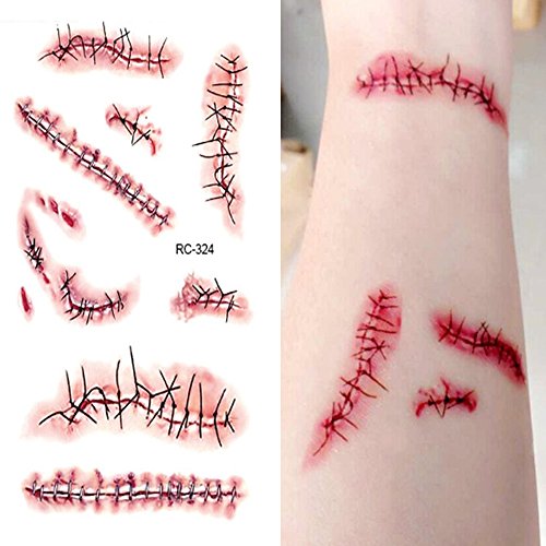 Halloween Fake Wound & Vampire Bite Tattoo Set - Waterproof 8 Sheets with Variation A (6cm x 10.5cm)