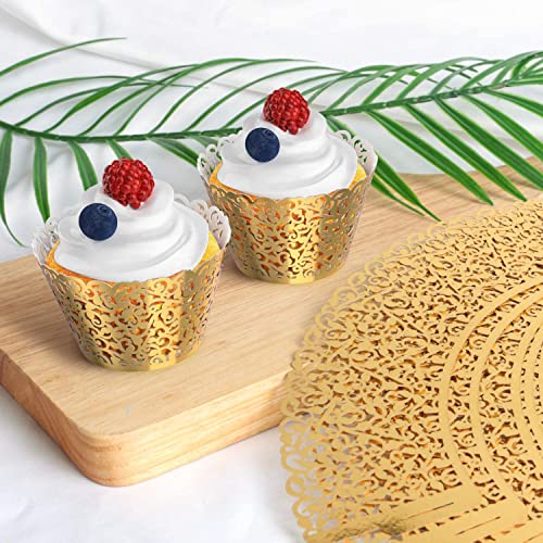 50 Pcs Pearl Lace Laser Cut Wedding Cupcake Wrappers Bright Gold - Elegant Baking Decor