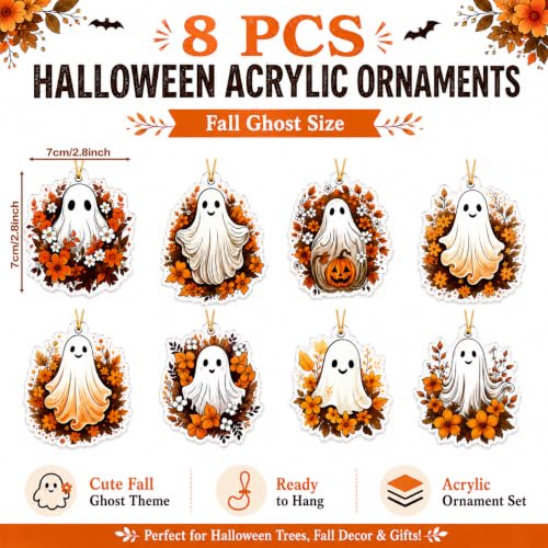 Fall Ghost Flower Halloween Thanksgiving Tree Ornaments - 8 Pcs, Acrylic, Indoor Decor