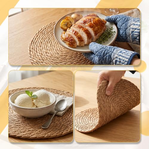 24 Pcs Round Woven Placemats - Natural Water Hyacinth & Straw Table Mats
