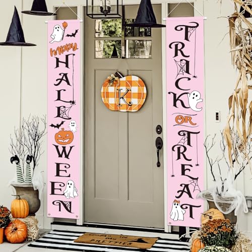 Pink Halloween Porch Banner for Front Door - Trick or Treat Decorations