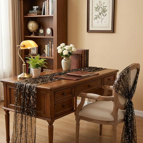 Black Gold Metallic Gauze Table Runner 28x120 Inches - 1 Piece