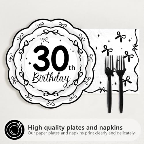 Black Bow 30th Birthday Party Decorations Set Serves 24 - Black and White Variation