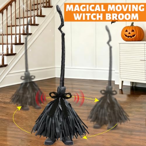 Halloween Animatronic Witch Broom Prop - Sound Activated, 36 Inch Decor