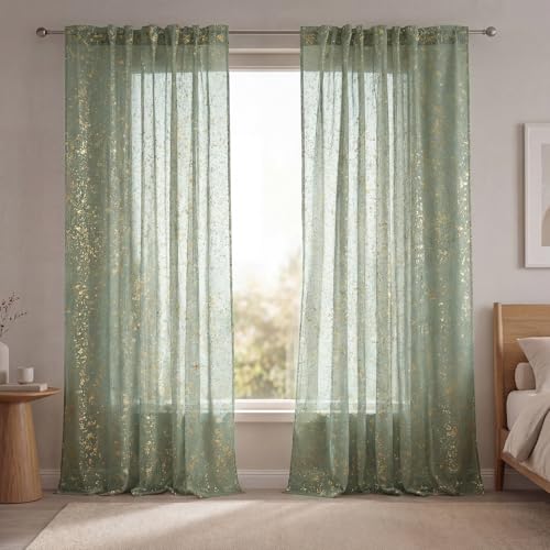 Sage Green Sheer Curtains 52x84in Set of 2 with Gold Sequin Accents - Room Decor