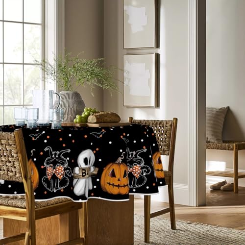 Halloween Tablecloth 90x90 Inch Round Jack-O-Lantern Ghost Cat Black & Orange
