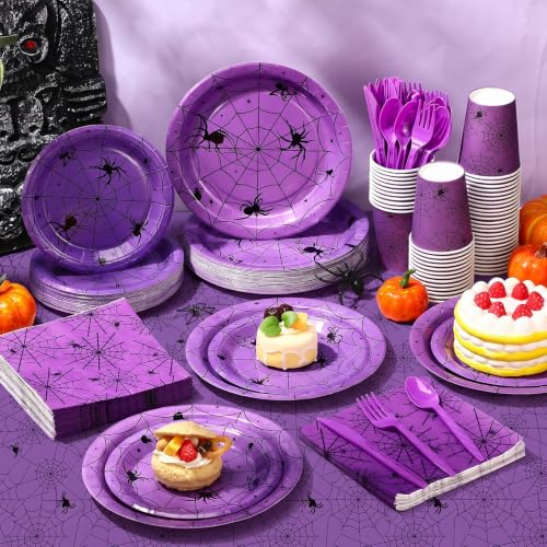 Halloween Spider Web Party Supplies Set - Purple & Black, 452 pcs for 50 Guests