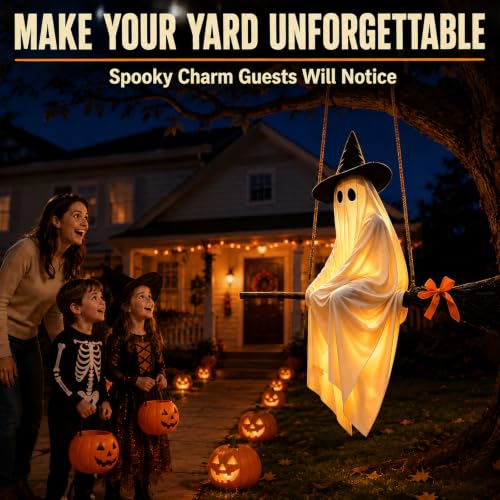 5FT Flying Ghost Witch Halloween Decoration with Light-Up Broomstick & Hat