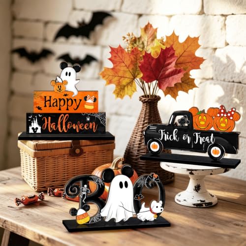 Halloween Wooden Table Signs Set - Pumpkin Ghost Truck & Happy Halloween Decor