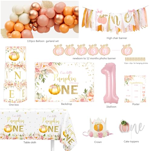 First Birthday Pumpkin Party Decorations Set for Fall Halloween Thanksgiving - 133pcs Autumn Theme