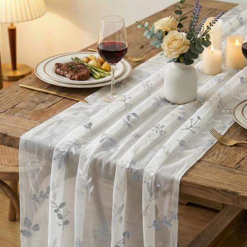 10FT White Silver Floral Leaves Gauze Table Runner - Wedding Party Decor