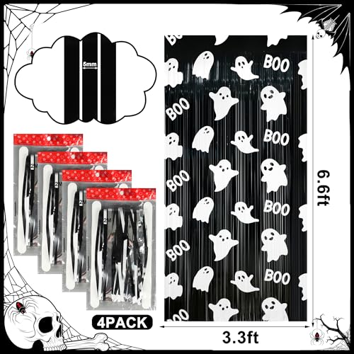 Halloween Foil Fringe Curtains - Ghost & Boo Theme, 4 Pack, Black & White, 3.3x6.6 Ft, Ghost Photo Backdrop, Party Decorations, Kids & Baby Shower
