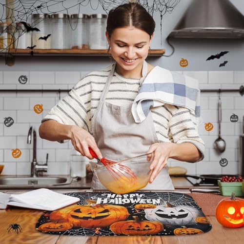 Sanwarm Halloween Pumpkin Dish Drying Mat 16x18 Inches for Kitchen Counter - Orange & White