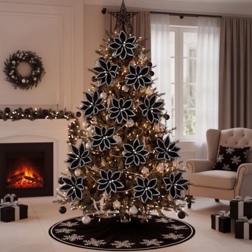 Artificial Christmas Poinsettia Flowers Set - Black & White, 12 Pack