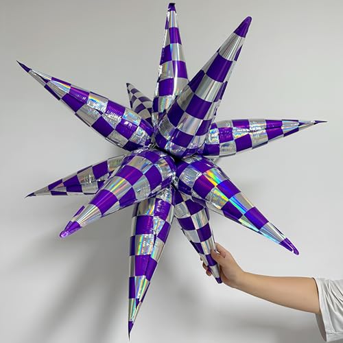 Purple Silver Checkered Star Foil Balloons Party Decorations - 24 Pack
