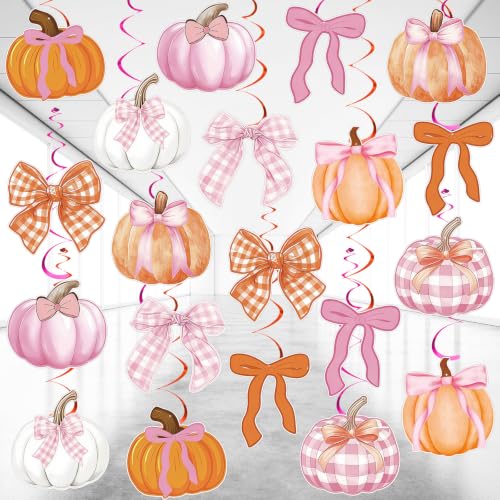 Pink Bow Pumpkin Fall Party Decorations - 20 Hanging Swirl Bows & Ribbons (Variation: 20 Bow Pumpkin)