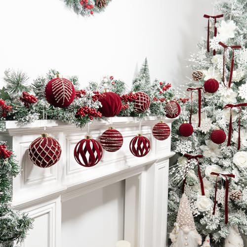 Velvet Christmas Tree Ornaments Bulk Set - Burgundy Flocked Balls, 12 Pieces