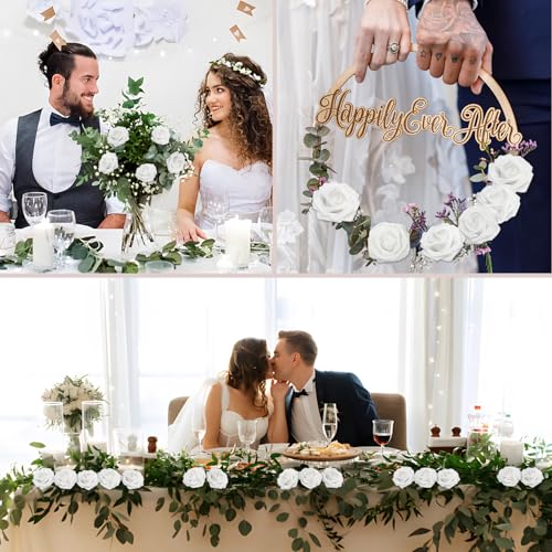 White Realistic Roses Artificial Flower Set - 200PCS with 100 Leaves for Wedding & Party DIY Decor - Variation of White / 200